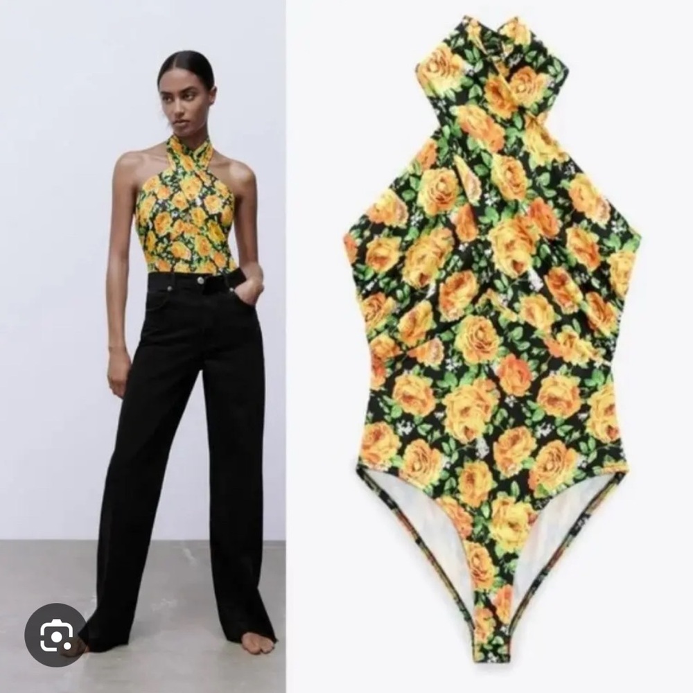 Zara Black and Yellow Floral Bodysuit